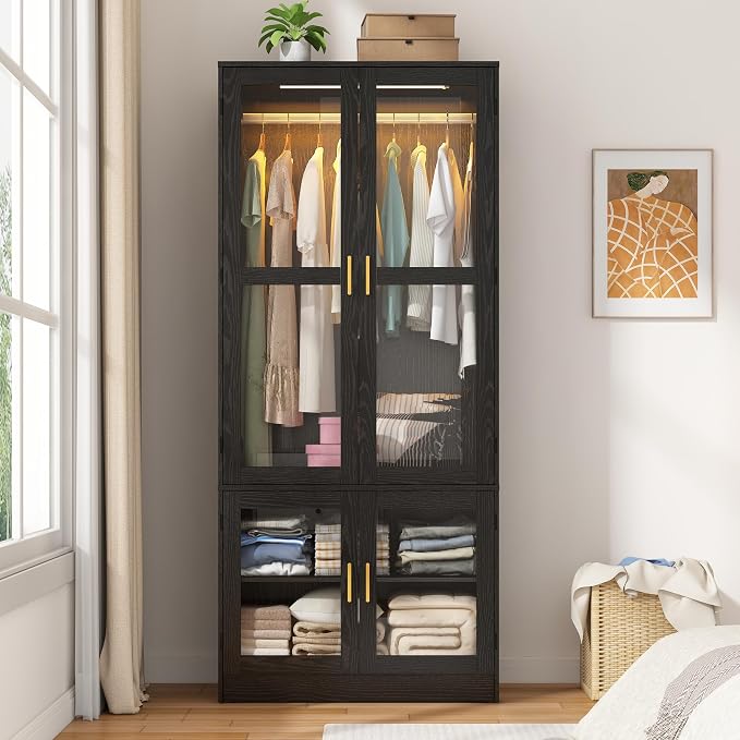 chartustriable 2 Doors Armoire Wardrobe Closet with LED,71" H Freestanding Wooden Wardrobe Closet Cabinet for Bedroom,Wooden Clothing Storage Cabinet with Hanging Rod,Closets for Bedroom(Black)