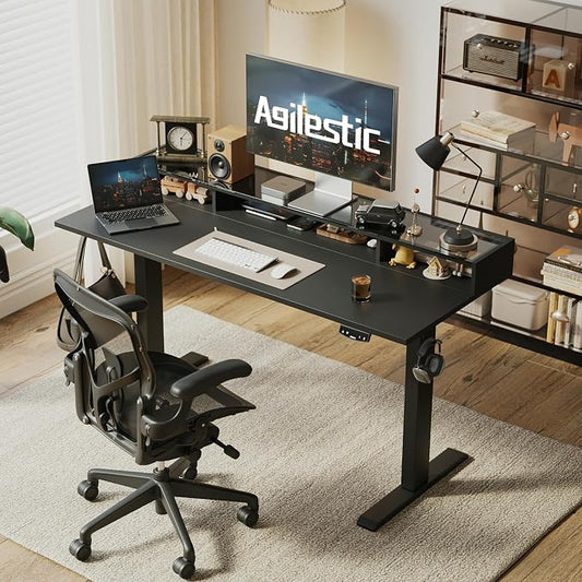 Agilestic 48 x 24 Inches Electric Standing Desk with Storage, Adjustable Height Sit and Stand Computer Table with Glass Shelf, Splice Board, Black