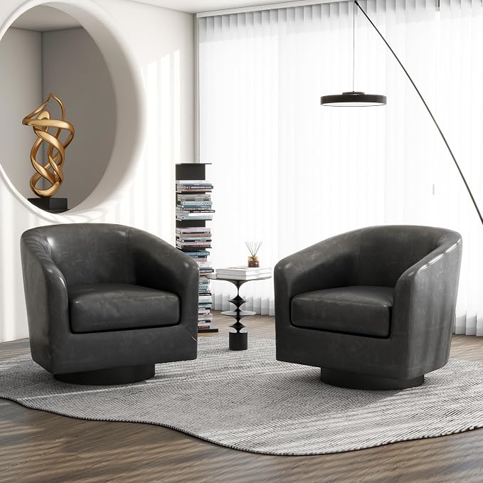 Swivel Barrel Accent Chair, Modern Round Faux Leather Arm Chair for Living Room, Bedroom, Comfy Club Reading Chairs for Adults(Faux Leather, Black Grey, Set of 2)
