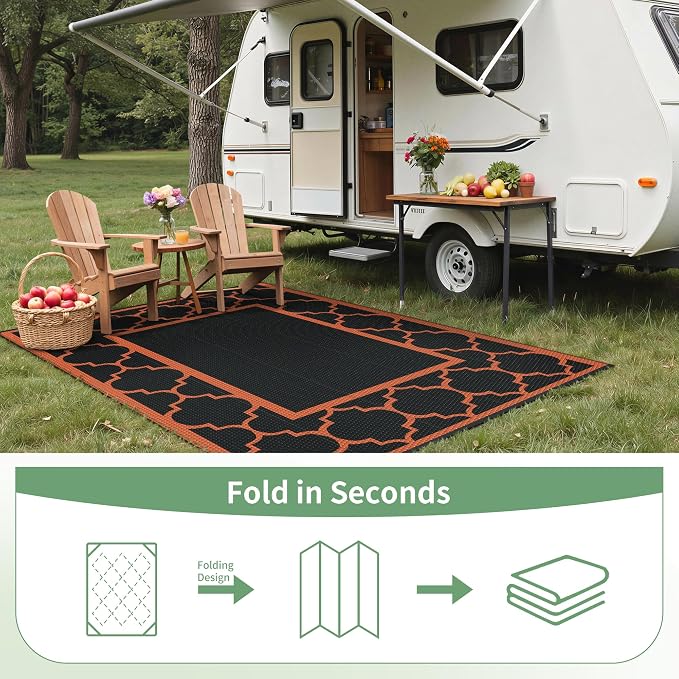 GENIMO 6' x 9' Outdoor Rug Waterproof for Patio Decor, Foldable Reversible Plastic Straw Area Rugs Mat for Camper, Outside Carpet for Rv, Deck, Porch, Picnic, Beach, Balcony, Black & Orange