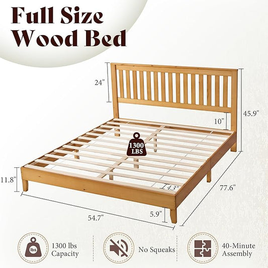 AMERLIFE Full Bed Frame, Solid Wood Platform Bed with Vertical Slats Headboard, Wooden Bedframe Full-Size, Sturdy Wooden Slats Support, No Box Spring Needed, Noise Free, Light Wood