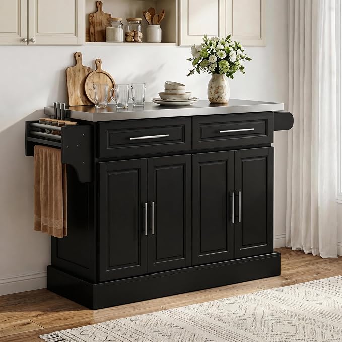HOMCOM Rolling Kitchen Island Cart with 47" Stainless Steel Top, Portable Island Table for Kitchen with Wheels, Adjustable Shelves, 2 Drawers, Spice, Knife and Towel Rack, Black