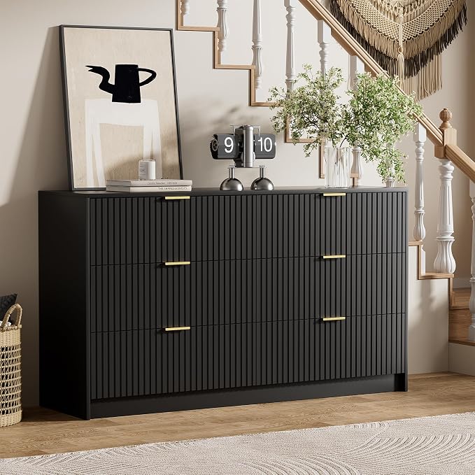 Furniway Black Dresser Bedroom Set 3 Pieces, Nightstands Sets of 2, 6 Drawer Dresser with Gold Handles for Bedroom