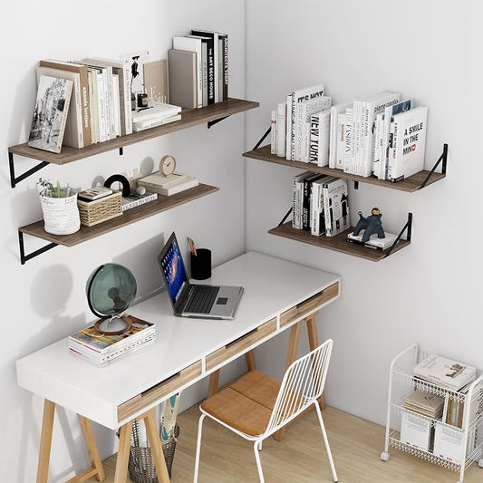 Heimlove Deep Floating Shelves for Wall, 24W x 12D Rustic Grey Wood Wall Shelves Set of 2, Large Floating Shelf for Living Room, Kitchen, Office, Bedroom and Decor Storage, with Metal Bracket - Grey