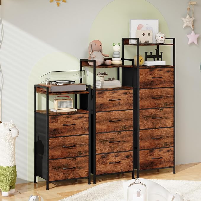Somdot Nightstand with 4 Drawers, Vertical Storage Tower Fabric Dresser for Bedroom, Night Stand Bedside Table Furniture, Sturdy Steel Frame, Wooden Top & Easy Pull Fabric Bins, Wood Grain Print