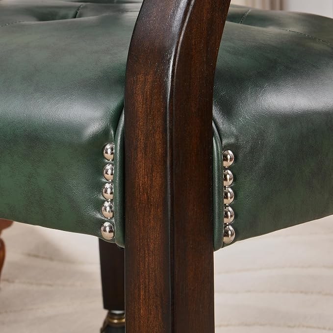 LEEMTORIG Set of 4 Large Dining Chairs with Casters and Arms, Rolling Dining Chairs with Wheels, Game Poker Chairs, Boss Caption's Chairs, 26" Dx25.2 Wx31.5 H, Espresso Legs & Green PU, XXY-1910-GN