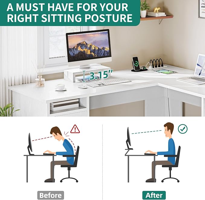 YITAHOME L Shaped Desk with Power Outlets, 60 Inch Computer Desk Corner Desk with File Drawer, Home Office Desk with Monitor Stand & Storage Shelves, L-Shaped Desk with File Cabinet, White