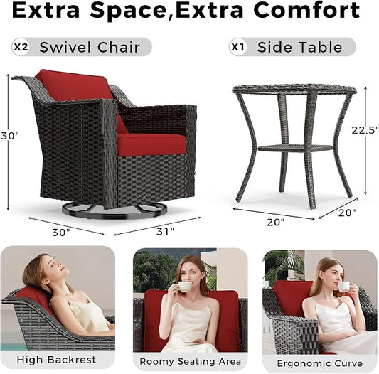3 Pieces Patio Conversation Furniture Set - 2 Swivel Chairs, 1 Side Table, Outdoor Wicker Rocking Glider Armchairs with Washable and Water-Resistant Cushions for Porch, Balcony (Red)