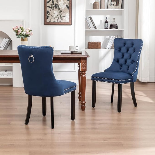 Mid Century Modern Dining Chair Set of 2 Velvet Upholstered Dining Accent Chair Farmhouse Dining Chairs with High Back and Nailhead Trim for Kitchen, Living Room, Bedroom (Blue)