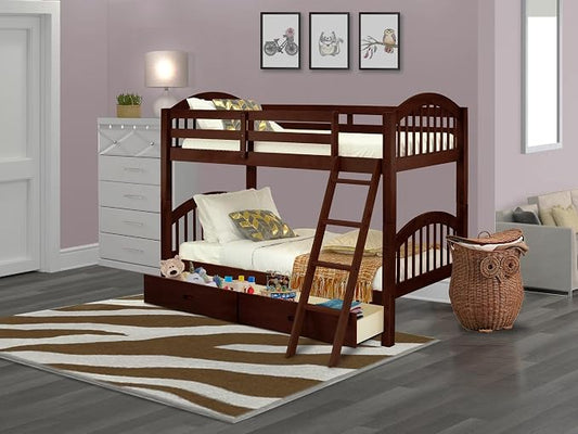 East West Furniture VEB-08-TA Hardwood Bunk Beds for Compact Spaces with Ladder and Two Drawers, Java Finish
