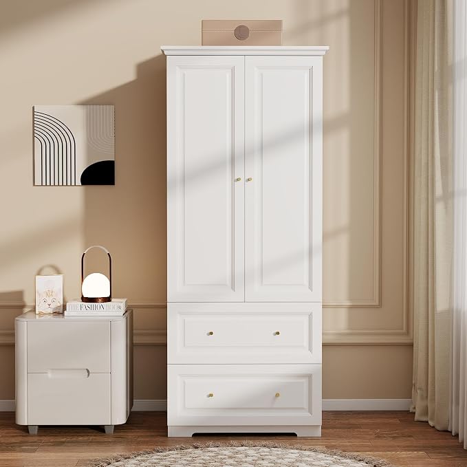 Armoire Wardrobe Closet with Drawers: 74" White Wardrobe Closet with 2 Doors, Tall Bedroom Armoires for Clothes, Wood Closets Cabinet for Hanging Clothes (31.5")