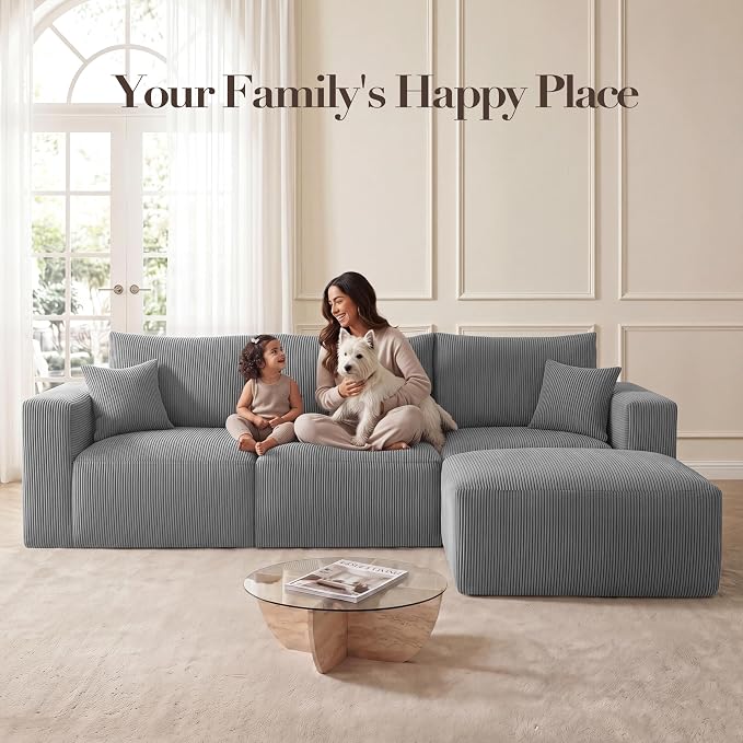 Living&Giving 115" Modular Cloud Boneless Couch, L-Shaped Sectional Sofa with Ottoman, Premium Corduroy Floor Couch, High-Density Foam & Firm Back Support for Living Room Apartment, Grey | Boneless Couch