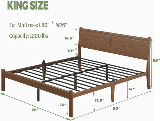 RLDVAY 14 Inch Bamboo Bed Frame King, King Size Platform Bed Frame with Headboard, Solid Bamboo Wood King Bed Frame, Mid Century/Modern/Metal Slat/Walnut/No Box Spring Needed