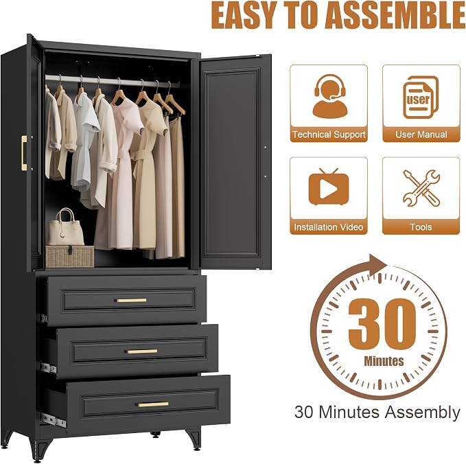 Metal Armoire Wardrobe Closet, 3 Drawers Clothes Storage Cabinet | Metal Wardrobe Cabinet with Doors, Hanging Rod, 71"Tall Black Armoires, Closet for Bedroom, Bathroom, Gym