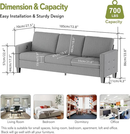 STHOUYN 73" W 3 Seater Couch with USB Ports, Grey Comfy Sofa Couches for Small Spaces, Mid Century Modern Couch Loveseat for Living Room, Bedroom, Apartment (Light Grey)