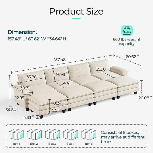 LINSY HOME 157'' Modular Sectional Sofa 4 Seat Couch Corduroy Cloud Couch with Deep Seat, Modern Cloud Couch with 4 Movable Ottoman for Living Room, Office, Bedroom, Beige