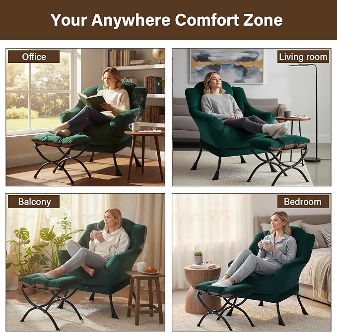 Welnow Lazy Chair with Ottoman, Modern Accent Chair with Armrests and a Side Pocket, Leisure Sofa Armchair, Reading Armchair with Footrest for Small Space, Dark Green
