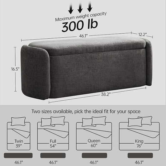 VKNOW 46" Oval Storage Ottoman Bench, Upholstered End of Bed Bench Ottomans Bench Foot Rest, Sherpa Storage Bench for Bedroom, Living Room and Hallway, Dark Grey