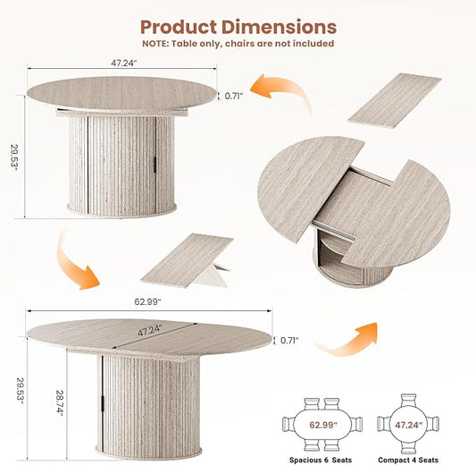 47''-63'' Extendable Round Dining Table for 4-6, Round Dining Room Table with Hidden Storage, Modern Wooden Kitchen Table with Fluted Sliding Door Cabinet for Dining Room Kitchen, White