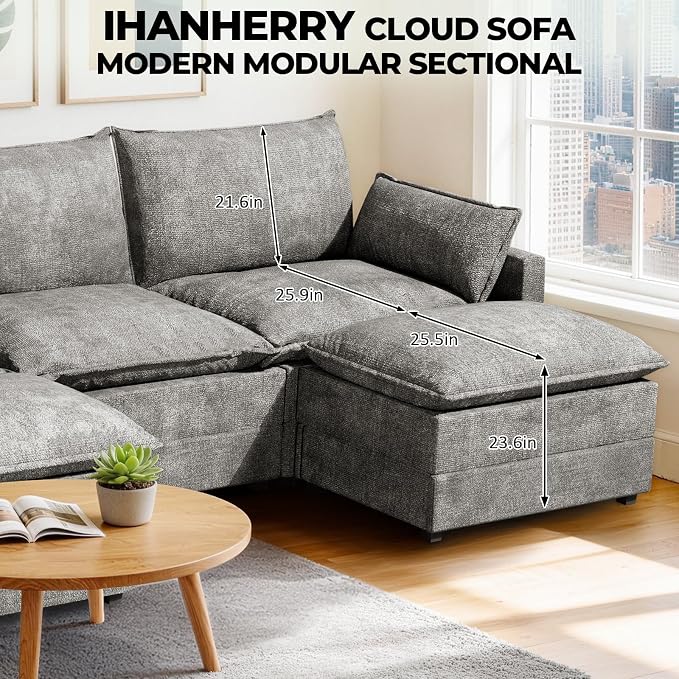 LEVELEVE 147" U-Shape Modular Sofa with 2 Ottomans, Deep Seat Cloud Convertible Sleeper, 2 Arm Pillows, Cozy Large Upholstered Furniture for Living Room Apartment, Dark Grey