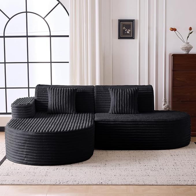 Modern Curved Boneless Sofa Couch, L-Shaped Corner Sofa, Corduroy Upholstered Cloud Sectional Couch for Living Room, Bedroom and Apartment,No Assembly Needed(Black, Left Hand Facing)