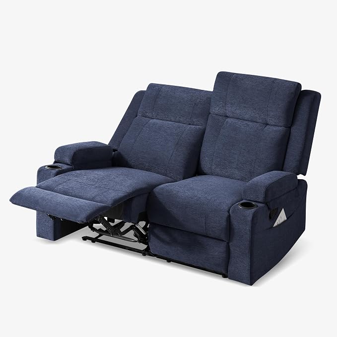 55" RV Loveseat Recliner – Space-Saving Double Reclining RV Sofa, Compact Theater Seating with Cup Holders & Storage Pocket, Blue Chenille Couch for Camper, Motorhome & Home Theater