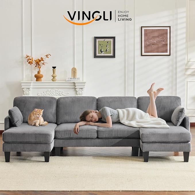 VINGLI 108" W U-Shaped Sectional Couches for Living Room, Sturdy Wooden Armrest Corduroy Cloud Couch with Double Chaise, High Support Modern 4-Seat Sectional Sofa for Apartment, Offices, Dark Grey