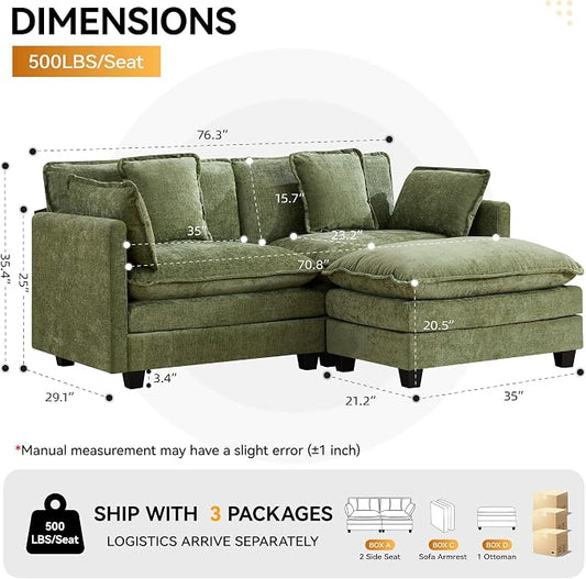 76'' Cloud Deep Seat Loveseat Sofa, Upholstered Chenille Modular 2-Seats Sectional Sofa Couch with Movable Ottoman, Modern Comfy Settee Loveseat for Living Room Set, Small Apartment, Green