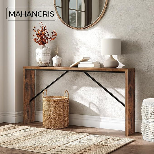 MAHANCRIS Console Table, 62.2" Long Sofa Table Behind Couch, Narrow Entryway Table, Farmhouse Dining Table with Angled Metal Frame, Industrial Console Table for Entryway, Rustic Brown CTHR15801Z