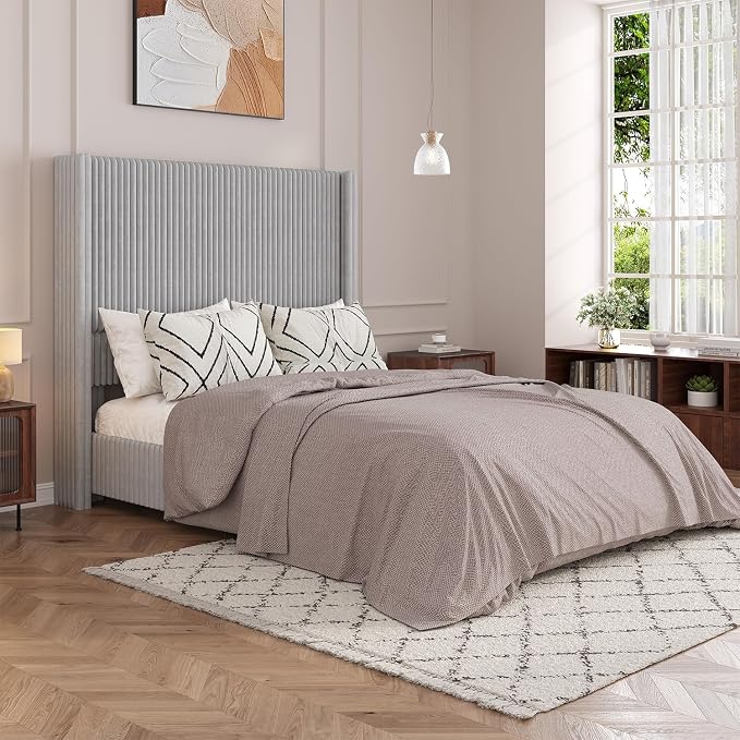 UNIQUITE Queen Size Lift Up Storage Bed Frame with 51 Inch Tall Wingback Headboard, Corduroy Upholstered Platform Bed with Hydraulic Storage, 2 USB Ports, No Box Spring Needed, Noise-Free, Light Grey
