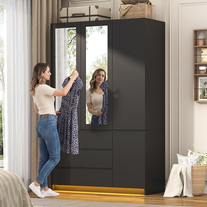 75"H Tall Modern 3 Doors Wooden Armoire Wardrobe Closet with 3 Drawers & 2 Mirror,Clothing Storage Cabinet with Hanging Rod,Bedroom Large Freestanding Armoires with Led Lights for Bedroom,Black