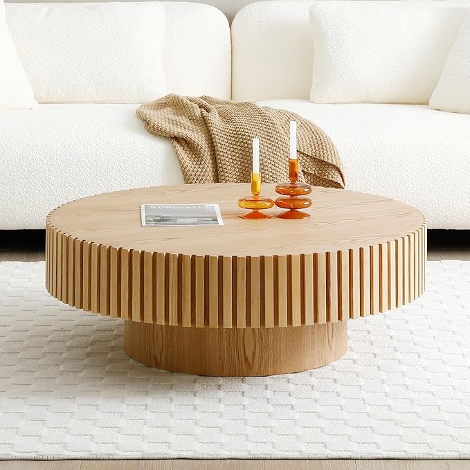 39" Round Coffee Table for Living Room, Mid Century Modern Coffee Table with Sturdy Pedestal, Circle Center Table Accent Tea Table for Apartment ASH
