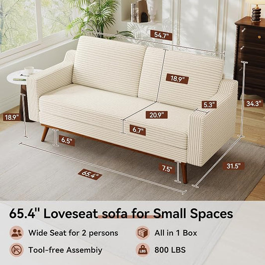 Vipbear 65.4" Loveseat Sofa,Mid-Century Modern Small Couches for Living Room, Bedroom, Office,Comfy Beige Corduroy Couch with Spring Cushion, Solid Wood Frame, Tool-Free Assembly