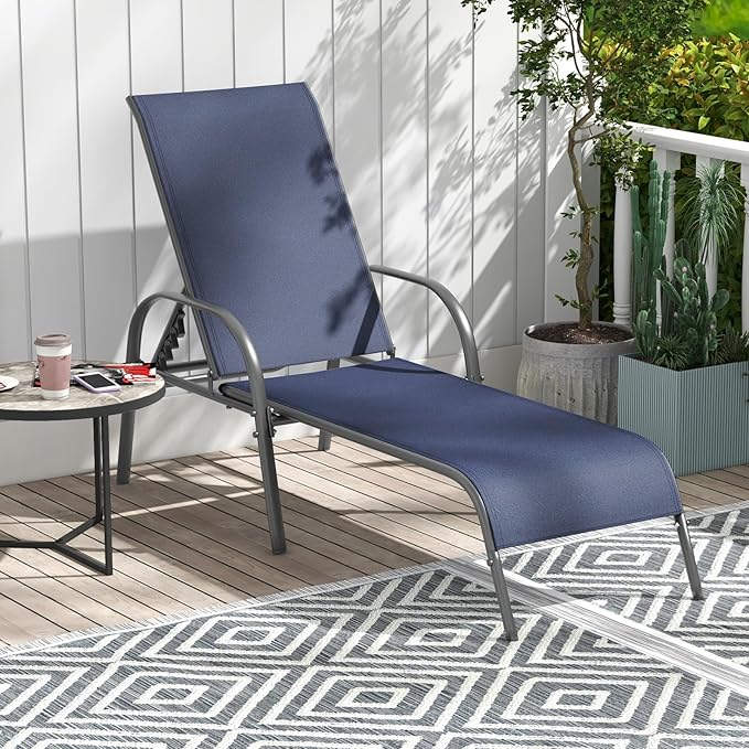 Giantex 2 Pack Patio Lounge Chair, Outdoor Chaise Lounge with 5 Adjustable Backrest, Sturdy Steel Frame, Sunbathing Recliner, Beach Chair, Tanning Chair for Outside, Yard, Balcony, Pool Chairs, Navy