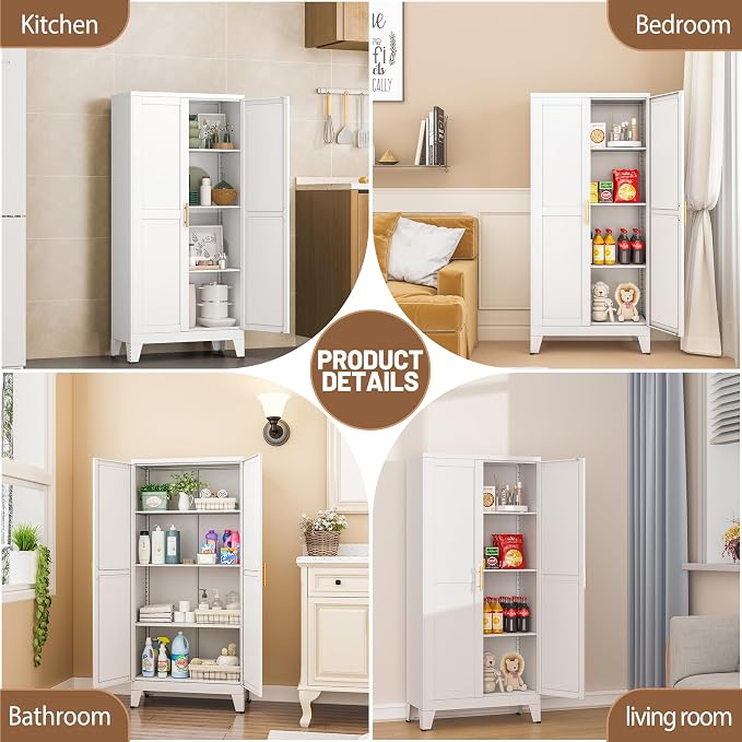PAOFIN Metal Kitchen Pantry Storage Cabinet with 2 Doors and 3 Adjustable Shelves,Pantry Cabinet with Adjustable Leveling Foot for Kitchen, Living Room, Dining Room(White)
