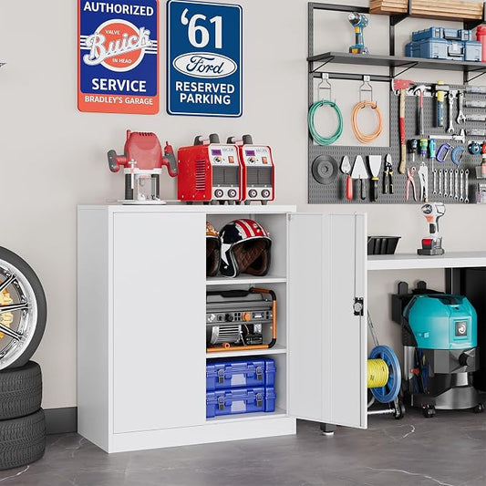 Metal Garage Storage Cabinets with Lock, 36" Tall Tool Cabinet with 2 Door and 2 Adjustable Shelves, Locking Garage Cabinets and Lockable Steel Locker for Home Office Warehouse - (White-36”H)