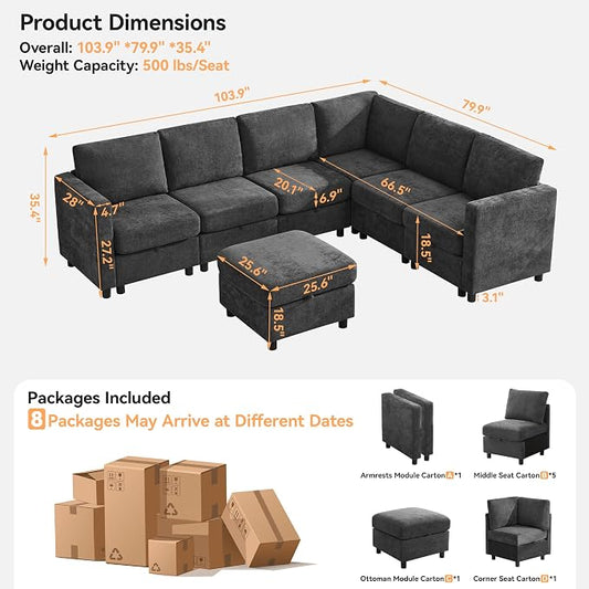 104'' V Shaped Modular Sofa, Sectional Couch with Storage for Living Room, Modern 7 Seater Cloud Sectional Couch with Movable Ottoman, Chenille Dark Grey