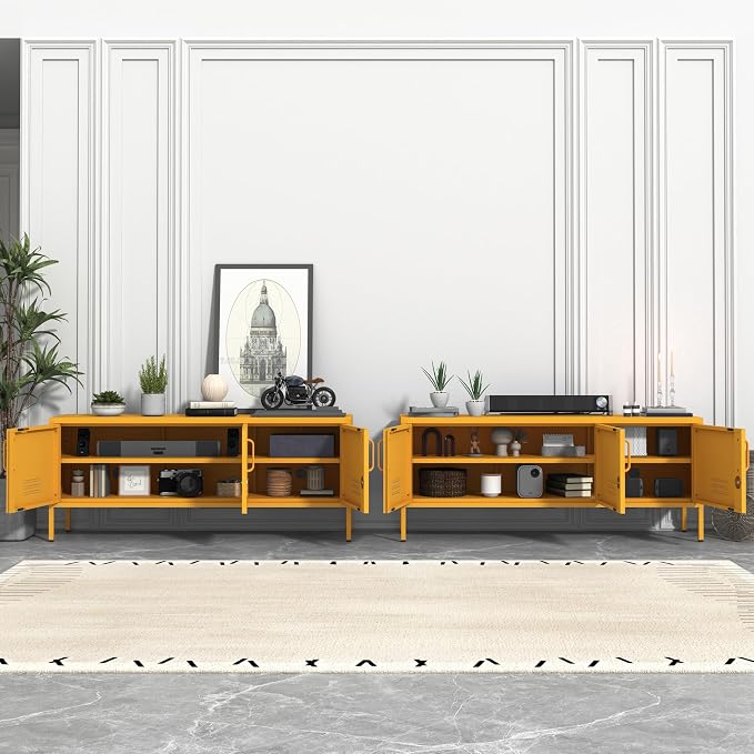 3 Door TV Standwith Storage Locke Metal TV Cabinet with 2-Tier Multi-Purpose Lockable Wide Storage Cabinet, Media Console Table with Metal Legs for Living Room, Bedroom,Office,Yellow