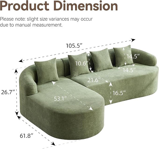 105.5" Boneless Curved Couch, L Shaped 4-Seater Cloud Couch with Deep Seat Chaise, Oversized Curved Sofa, Chenille Modular Sectional Couches for Living Room, No Assembly, Green