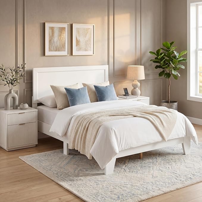 Giantex Full Size Wooden Bed Frame with Headboard, Wood Slat Support | Modern Platform Bed with Heavy Duty Mattress Foundation, Under-Bed Storage, No Box Spring Needed, Easy Assembly (White)
