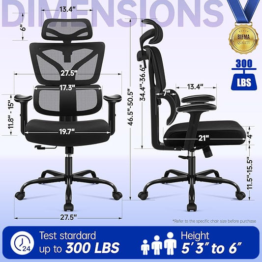 Ergonomic Office Chair, High Back Mesh Computer Chair with Comfortable Adaptive Lumbar Support, Built-in Coat Hanger, SGS Class 4 Gas Lift, Heavy Duty 300lbs for Long Hours Home Office, Black