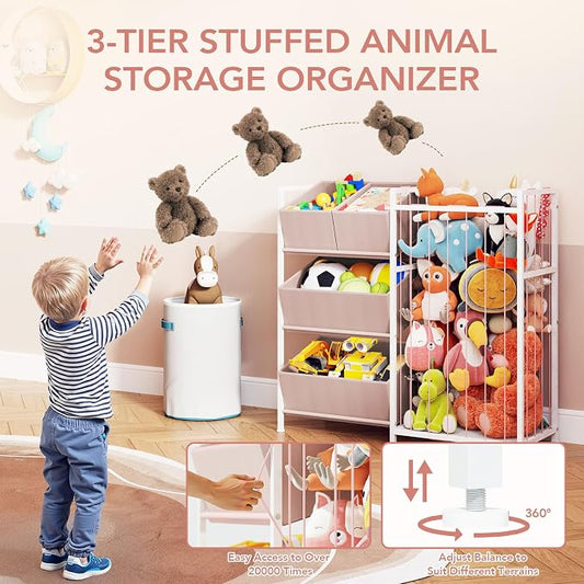 BBLIKE Stuffed Animal Storage - Kids Storage Organizer with 4 Removable Bins, Kids Storage Toy Shelf Organizer for Stuffed Animal Holder for Bedroom Playroom Nursery, Pink