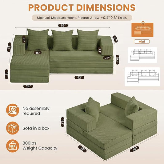 65" Modular Sectional Sofa, Boneless Convertible Sleeper Sofa Bed, Modern Tri-Folding Cloud Couch with L-Shape Chaise, Corduroy Futon Couches for Small Spaces Apartment,No Assembly,Green