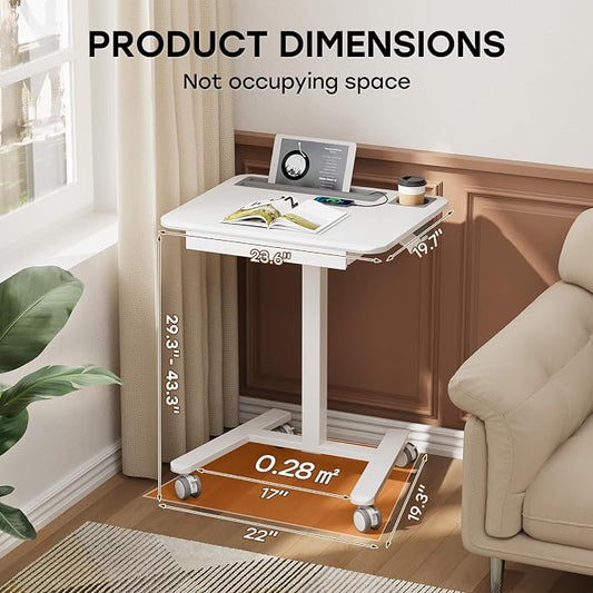 Small Mobile Standing Desk with Drawer, 23.6"x19.7" Rolling Laptop Cart on Wheels, Height Adjustable Sit Stand Computer Workstation with Storage for Compact Space, White