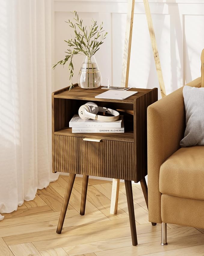 JOONEE Nightstand with Outlet,Modern Bedside Table with Storage Drawer and Open Wood Shelf, for Living Room, Bedroom and Small Spaces, Accent Night Stand with Solid Wood Legs, Easy Assembly,Brown
