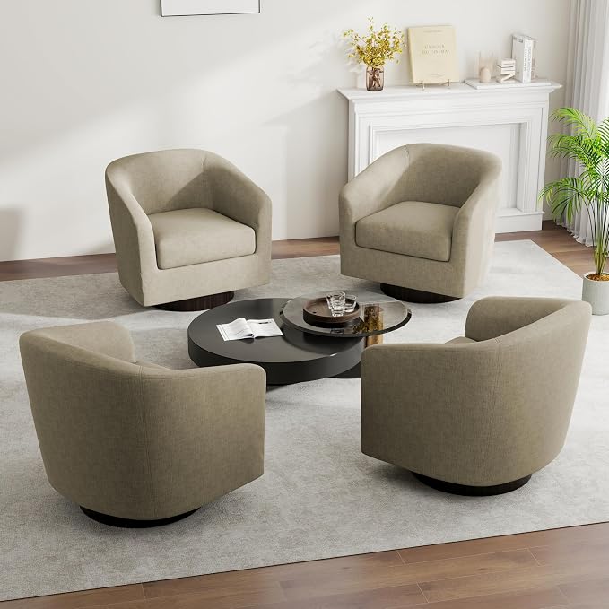 Swivel Barrel Accent Chair, Modern Round Linen Arm Chair for Living Room, Bedroom, Comfy Club Reading Chairs for Adults(Linen Fabric, Light Brown, Set of 1