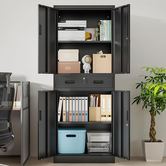 Wanfu Metal Storage Cabinet, 71" H x 28" W x 16" D Locking Storage Cabinet with Adjustable Shelves and 1 Drawer, Steel Cabinet for Office, Garage, Home, School, Utility (Black)