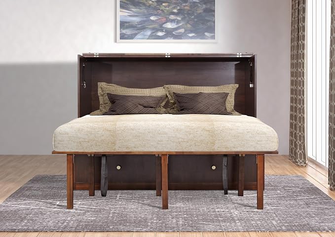 Mega Solutions Notturno Murphy Cabinet Bed Queen 8 inch Save Space in Style with Elegant Chestnut Wood Finish Charging Station - Guest Room or Small Apartment Must-Have