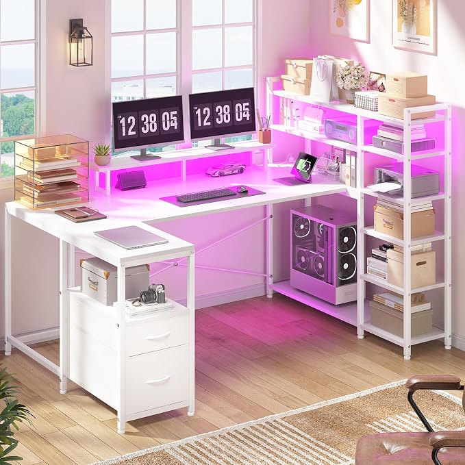 DurayLoly 63" L Shaped Desk with Monitor Stand & CPU Stand, Reversible Computer Desk with 6-Tier Shelves& 2 Fabric Drawers, Ergonomic Desk with Power Outlet & LED Lights for Home Office,White