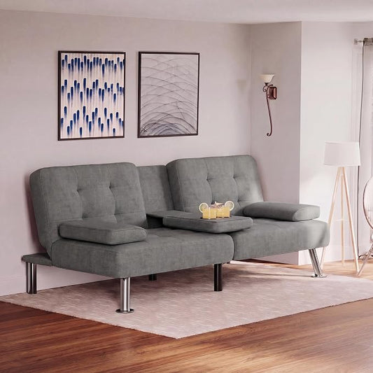 Flamaker Futon Sofa Bed Modern Folding Futon Set Linen Fabric Convertible Recliner Lounge for Living Room with 2 Cup Holders, Removable Armrests (Fabric, Grey)